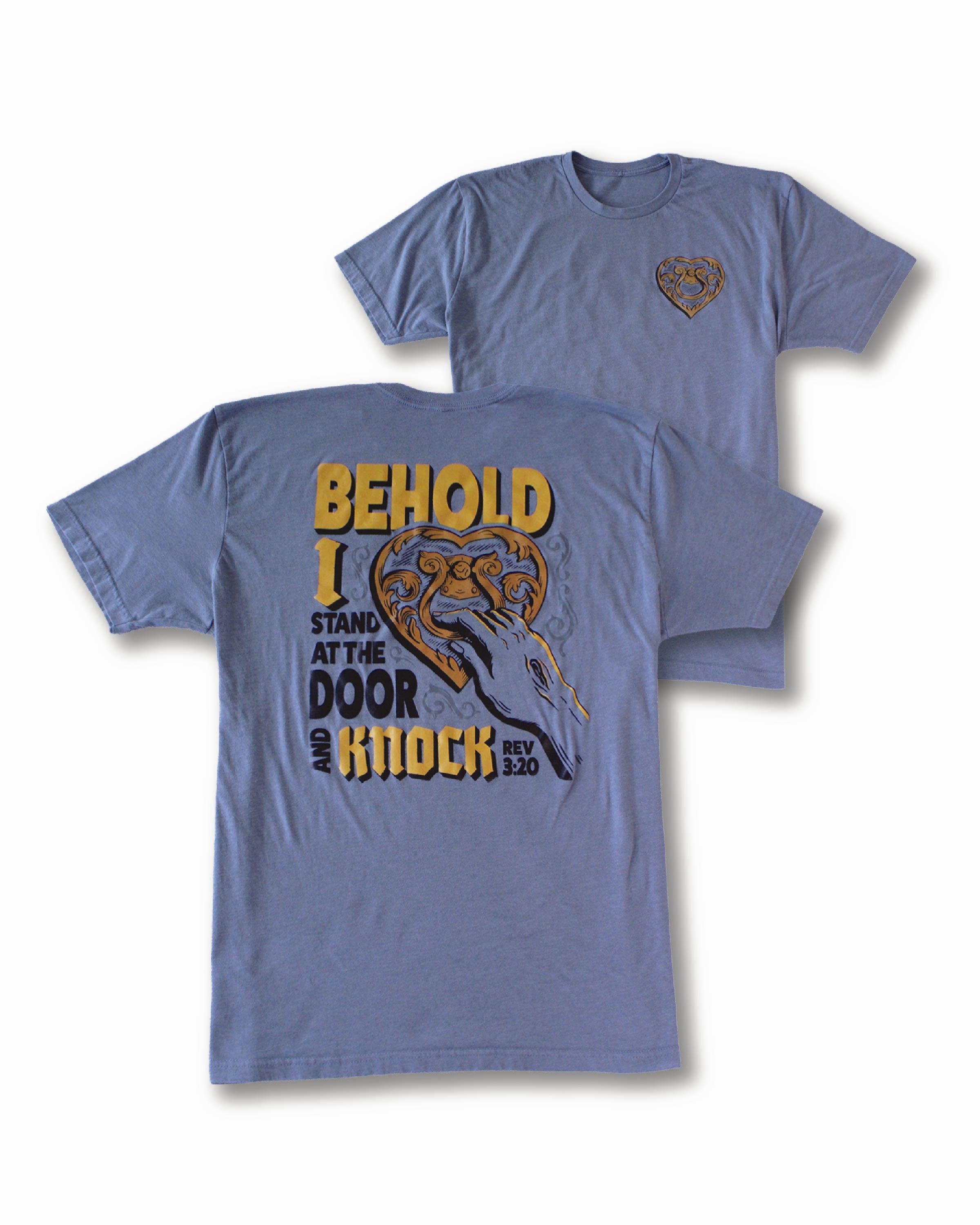 Front and back view of a light blue Christian graphic T-shirt featuring Revelation 3:20. The shirt includes a small heart-shaped emblem on the front chest and a large faith-inspired design on the back with the words “Behold I stand at the door and knock” and an illustration of a hand knocking on a heart-shaped door, symbolizing Christ’s invitation to believers. Ideal for church events, Christian gifts, and faith-based apparel collections.