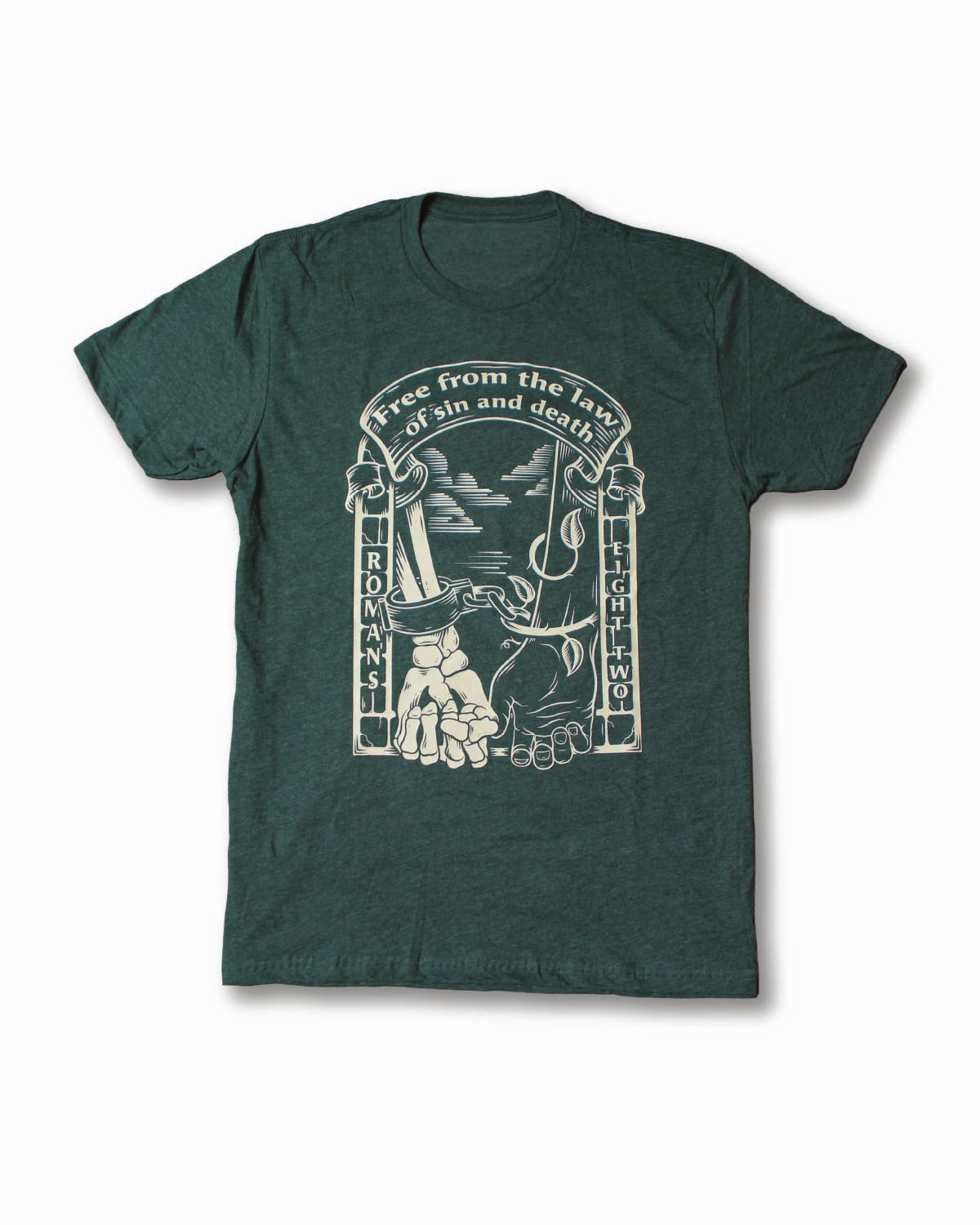 Forest green heather graphic t-shirt featuring a vintage-style Christian illustration of broken chains around a human hand and skeletal hand beneath an arched banner reading “Free from the law of sin and death” with Romans 8:2 scripture reference. The artwork uses bold cream white line art, hand-drawn engraving details, and a distressed screen-print aesthetic, creating a faith-based, retro-inspired religious apparel design.