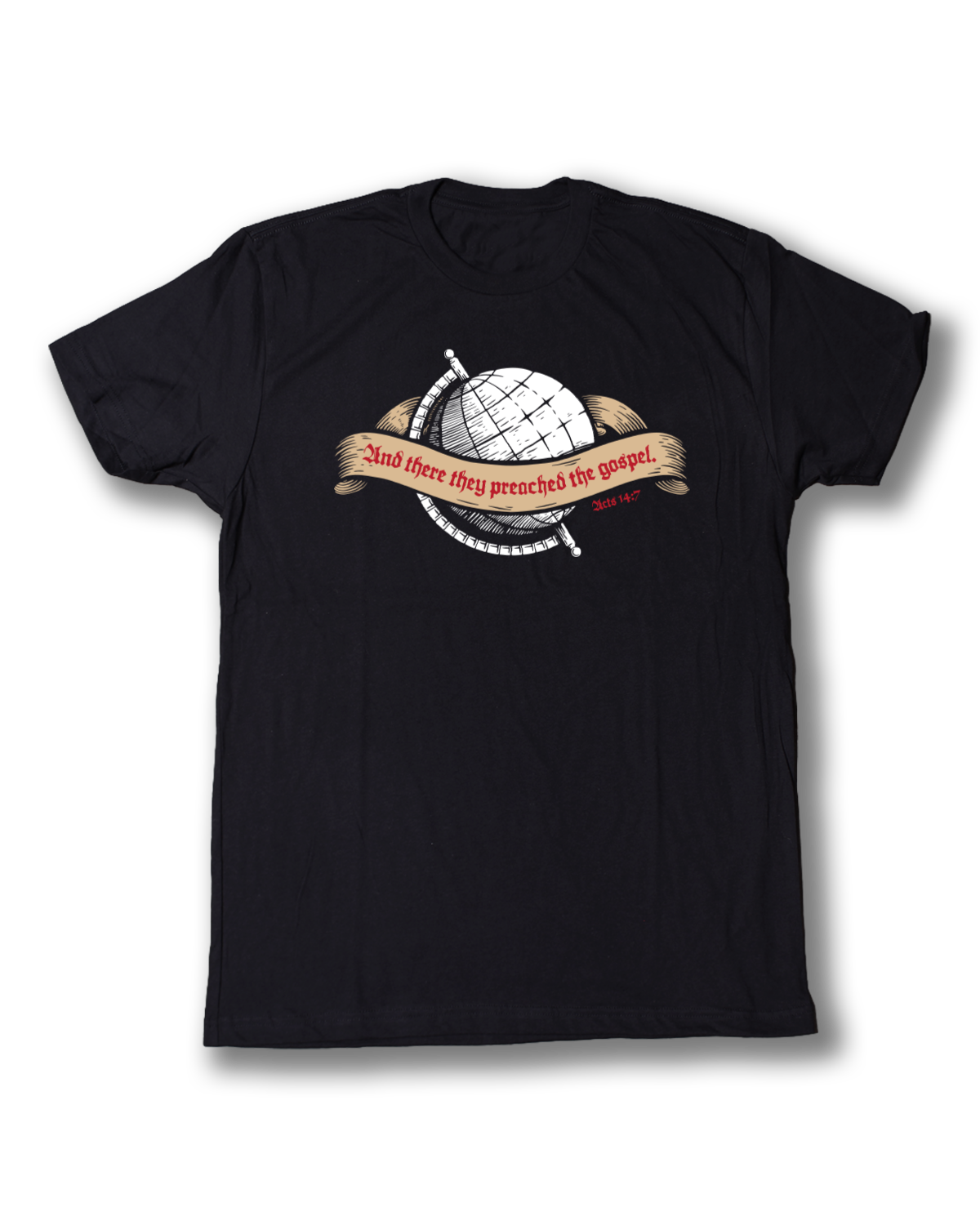 Black Christian graphic t-shirt featuring a vintage globe and banner illustration with the Bible verse “And there they preached the gospel” from Acts 14:7 in red gothic lettering.
