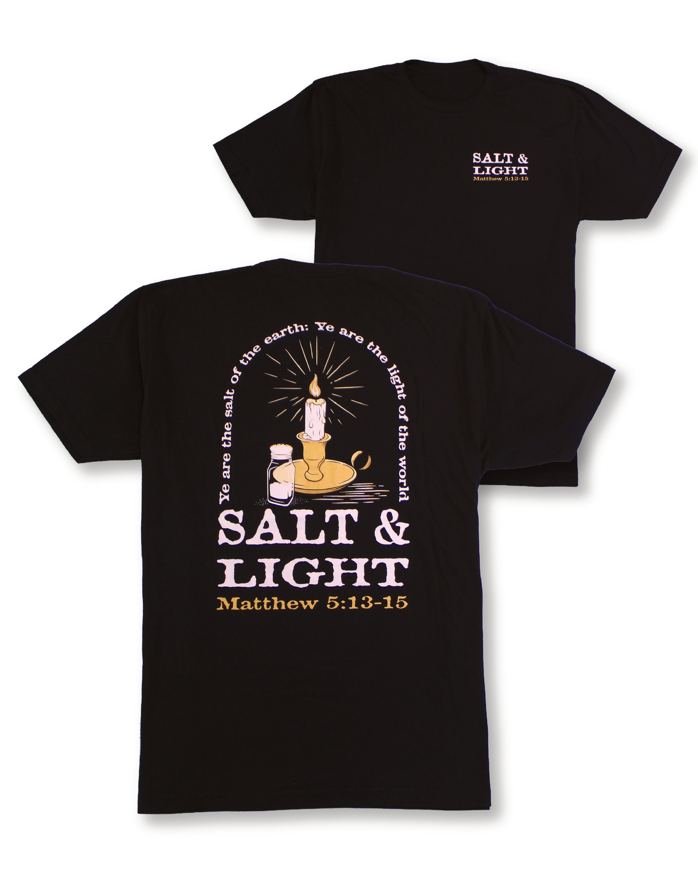 Black Christian graphic T-shirt featuring a vintage-style “Salt & Light” design inspired by Matthew 5:13–15. The back graphic showcases an illuminated candle and salt shaker with hand-drawn line art, radiant light beams, and scripture-inspired typography in cream and gold tones. Circular text reads “Ye are the salt of the earth; Ye are the light of the world,” while the front chest features a small matching Salt & Light logo. Faith-based religious apparel with a rustic, retro aesthetic on a black tee.